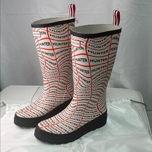 Hunter White Rain Boots with Red and Black Logo Pattern